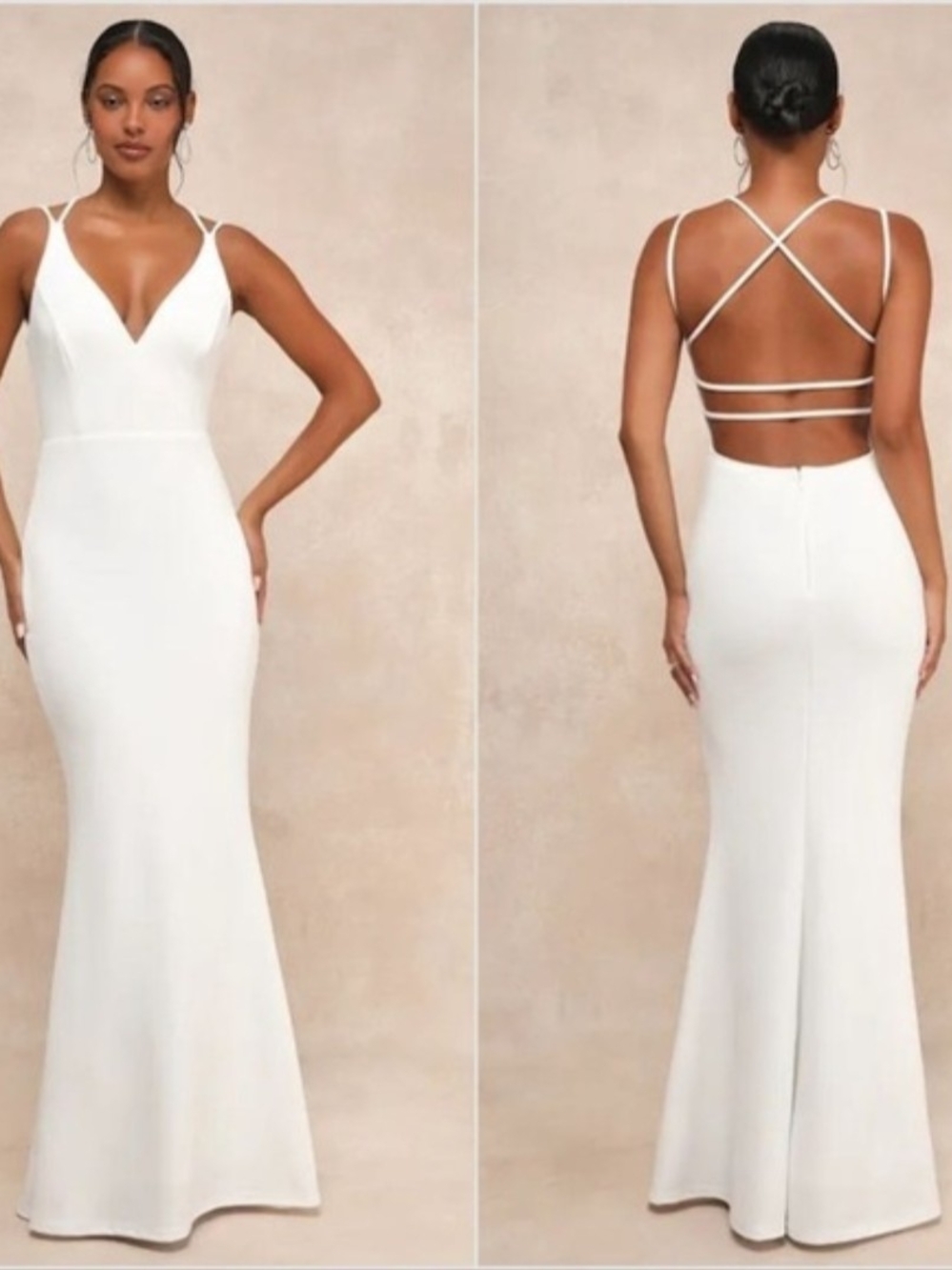 Lulu's All this Allure White Strappy Back V-Neck Mermaid Maxi Dress